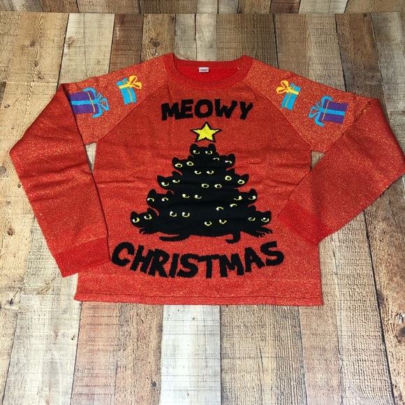 black cat christmas tree sweater